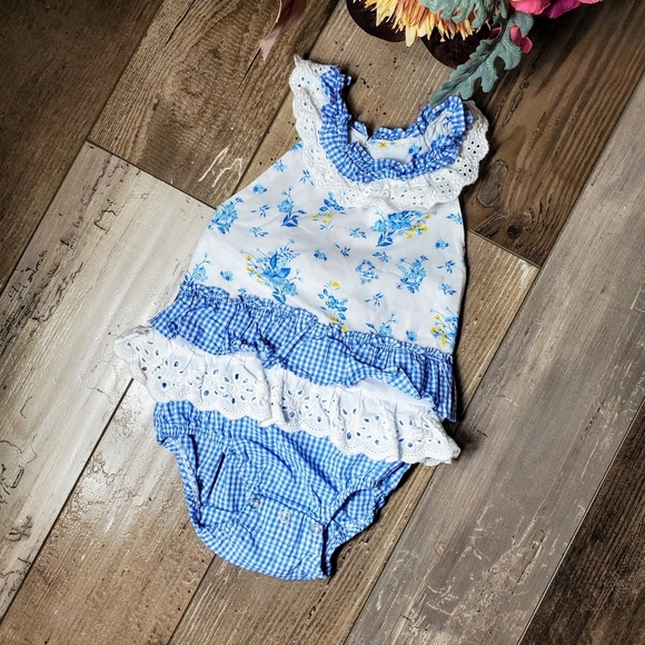 Rare Editions White, Blue, Yellow Floral Lace Baby Bodysuit Bubble Romper Sz 6m - Picture 8 of 14